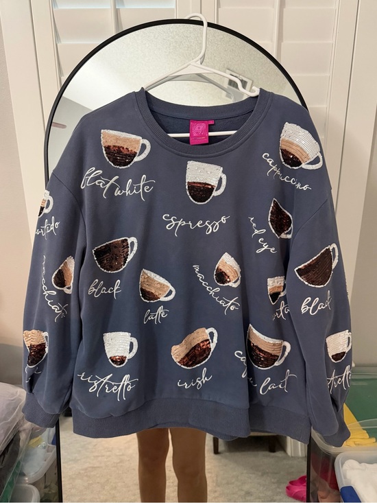 QUEEN OF SPARKLES Tops - Coffee Cup sequin Sweatshirt - Navy